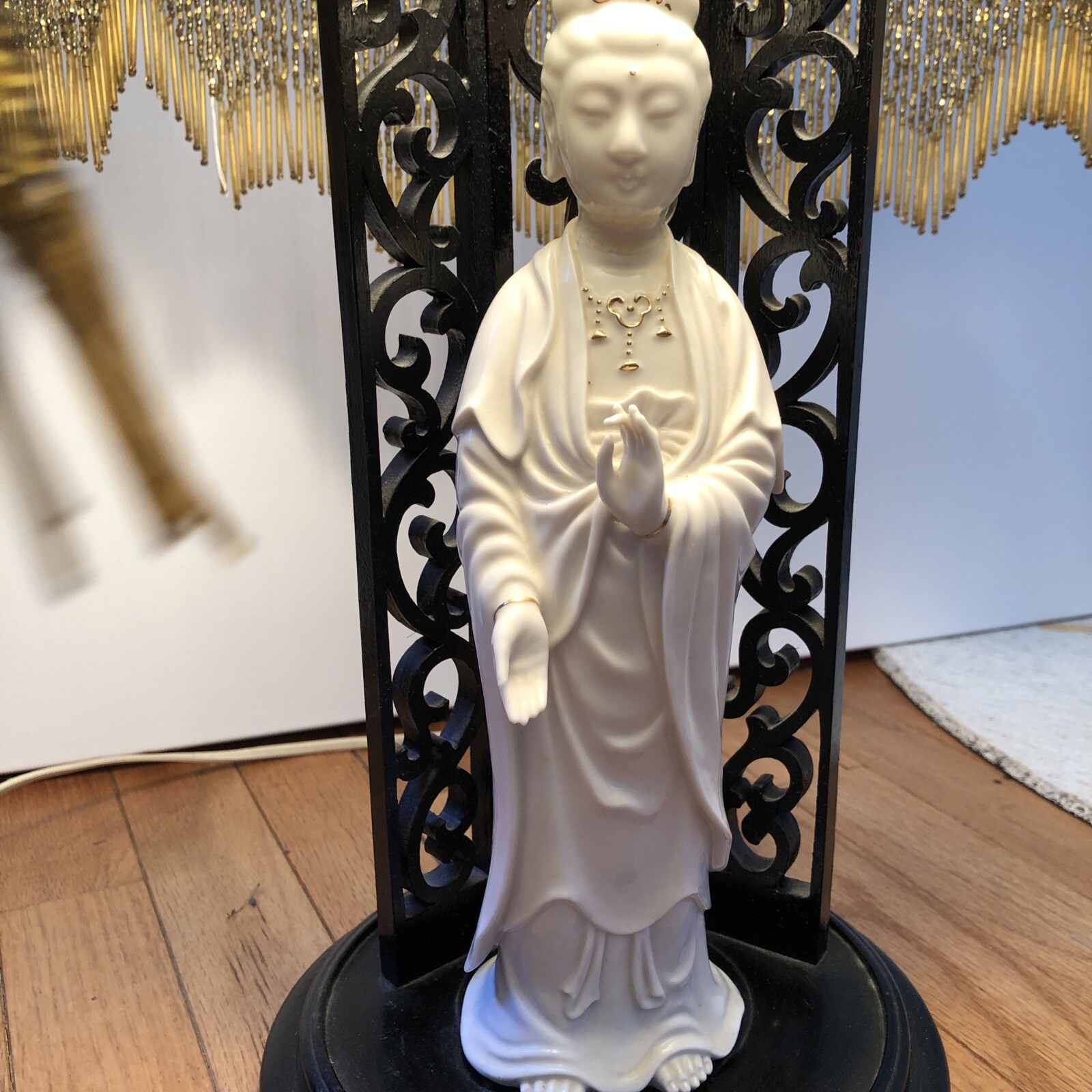 Blanc De Chine Buddha Figurine Lamp Green Shade Wooden Stand Vintage Asian Boho