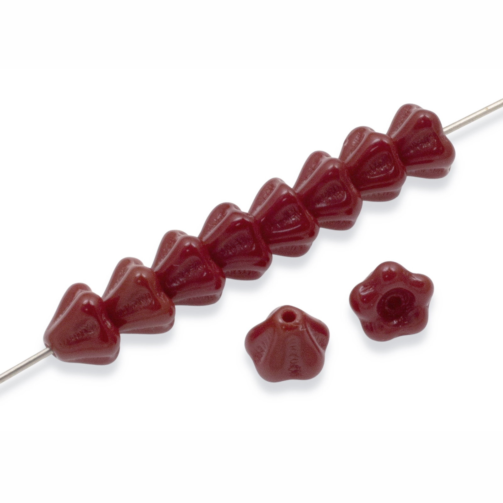 50 Baby Bell Flower Beads – Maroon Red – Czech Glass – 4x6mm Opaque Mini Flowers