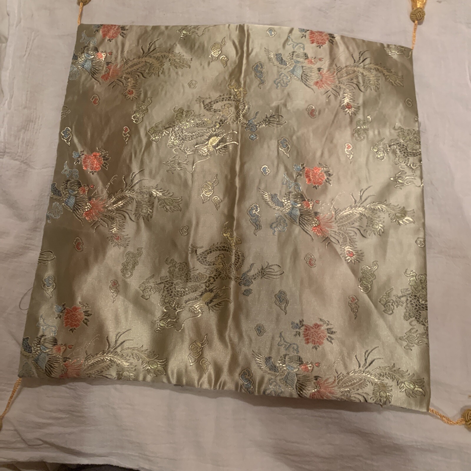 Vtg Chartruese+Satin Jacquard Brocade Oriental Pillow Cover~ Dragon~16.5”