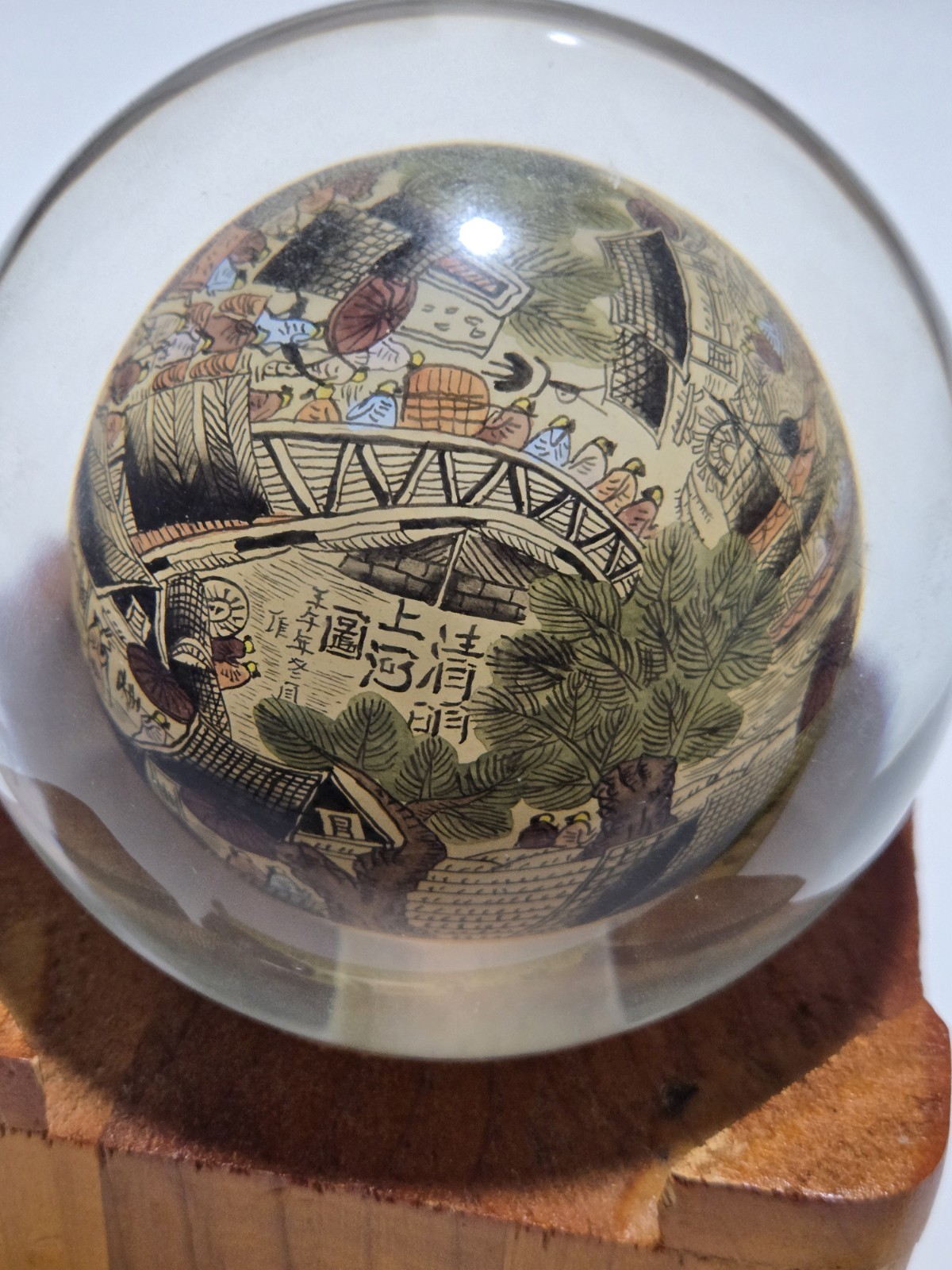Vtg Chinese Reverse Paint Globe Orb Sphere With Wooded Base 4″ Round Rare!