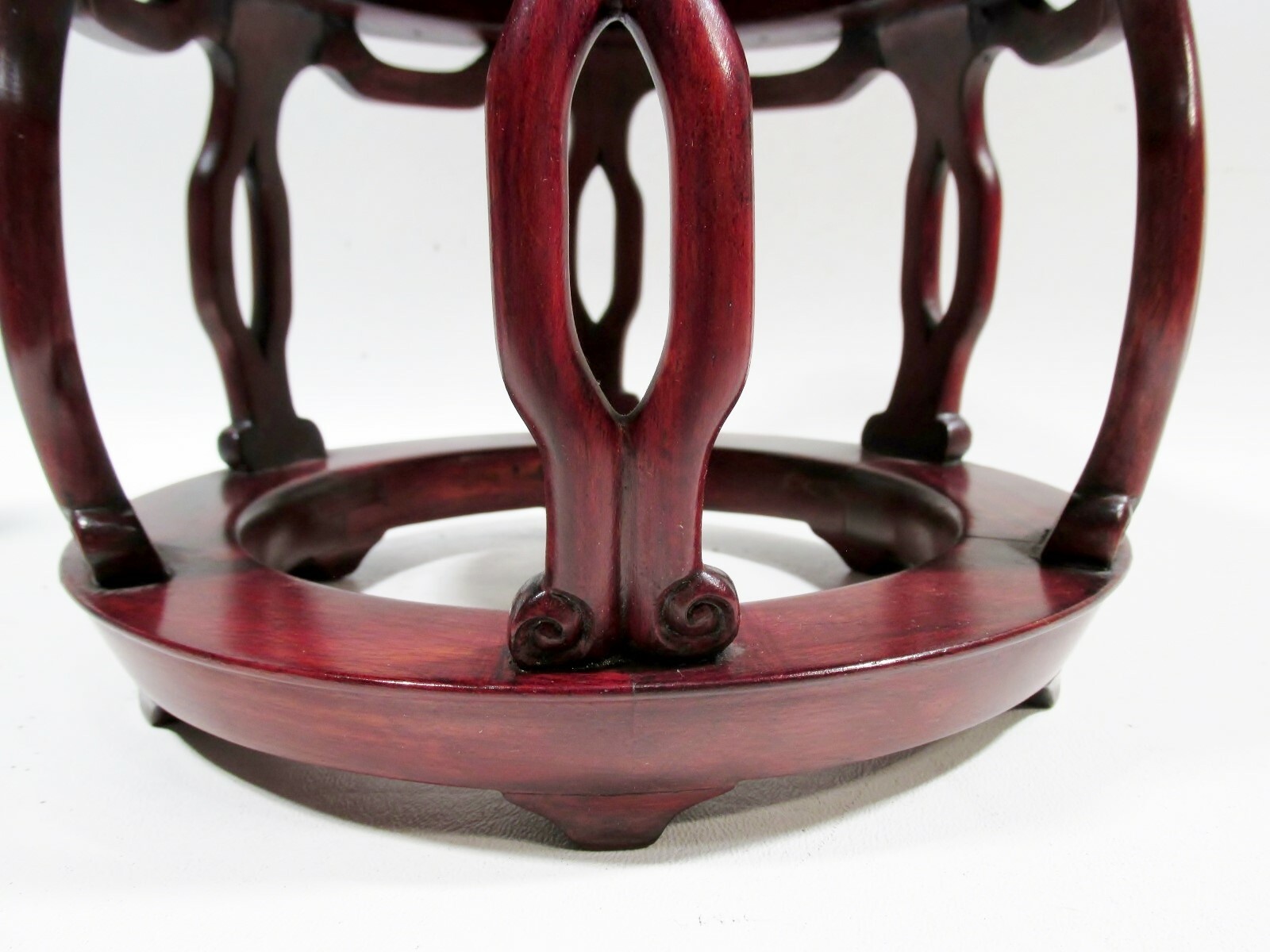 Old Chinese Carved Wood & Stone Small 8.5” Drum Table Stand Flower Vase