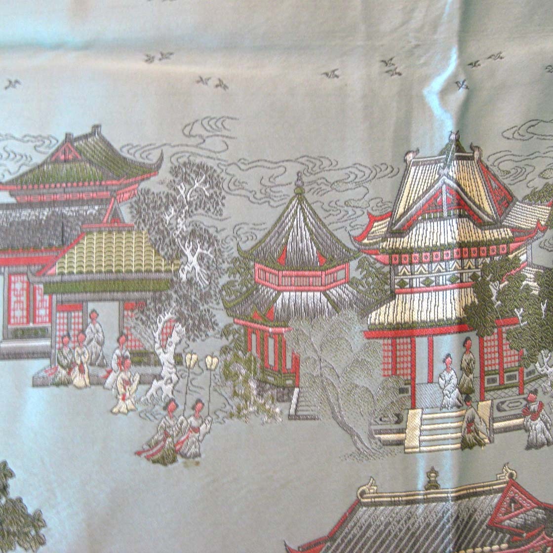 Vtg Asian Brocaded Flowers Silk Tapestry Fringed Tablecloth 40 by 60 In WWII Era