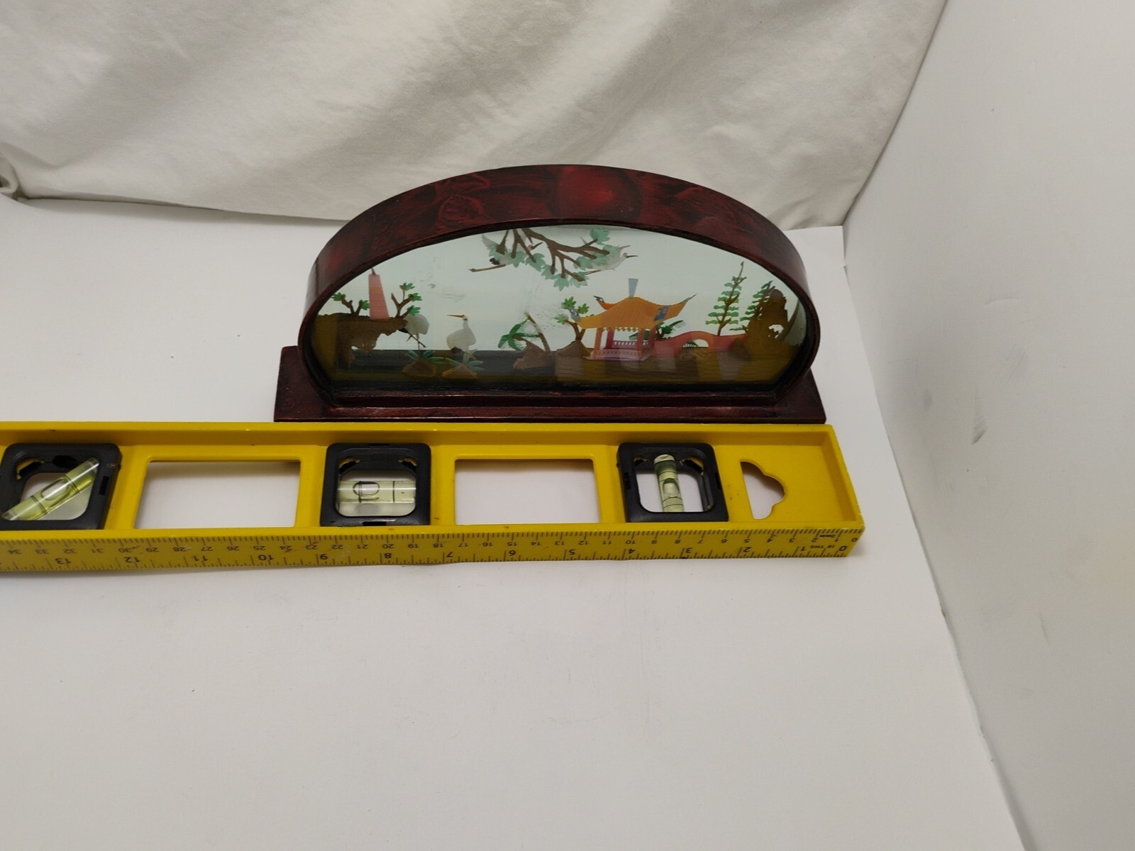 Vintage Chinese Cork Art HAND MADE Oval Lacquered Wood Glass 14×2″ Beautiful