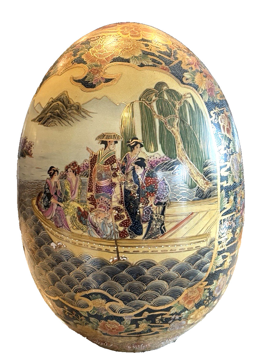 Vtg Satsuma Large Ceramic Egg Gold Trim Geisha Boat Landscape Hand Painted 18″