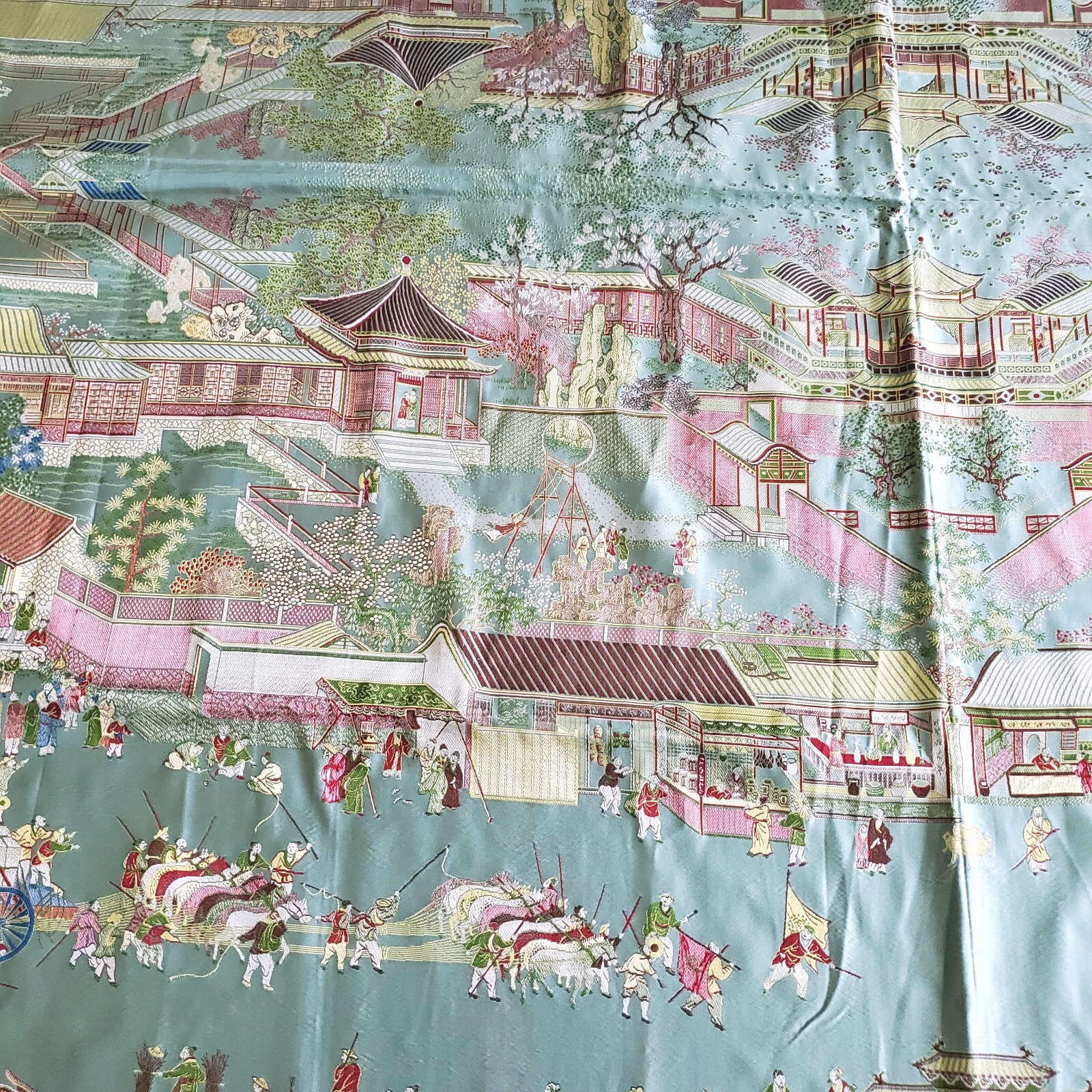 Vintage Gorgeous “Brocaded Flowers” Chinese Silk Tapestry Tablecloth 80″x54″