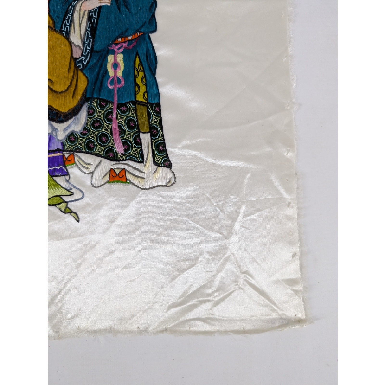 Vintage Chinese Hand Embroidered Three Immortals Fu Lu Shou Tapestry 23x14in