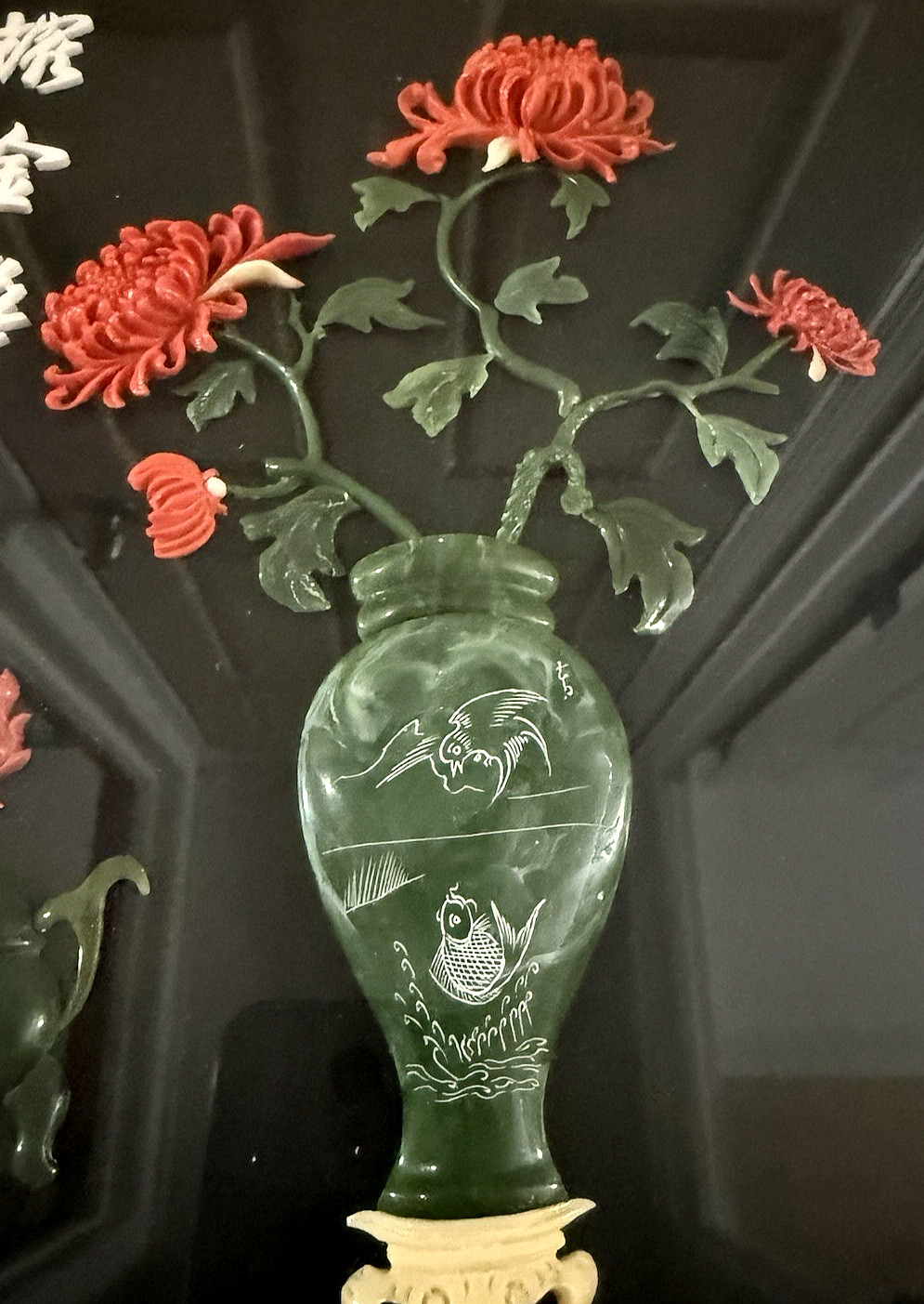 Vtg Asian Carved Jade Coral Chrysanthemum Flowers in Vase FRAMED 12.75″ x 30″