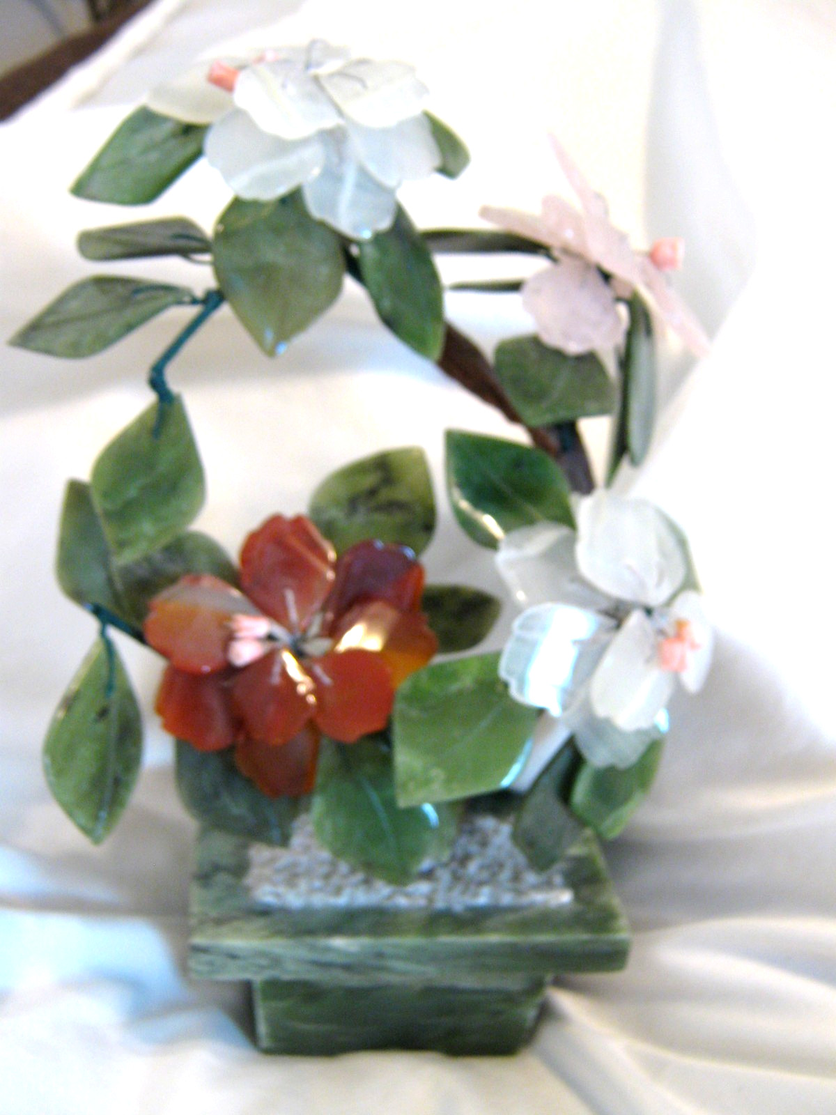 Chinese Jade Floral arrangement, Bonsai Tree, stone flowers & pot approx. 9″x6″