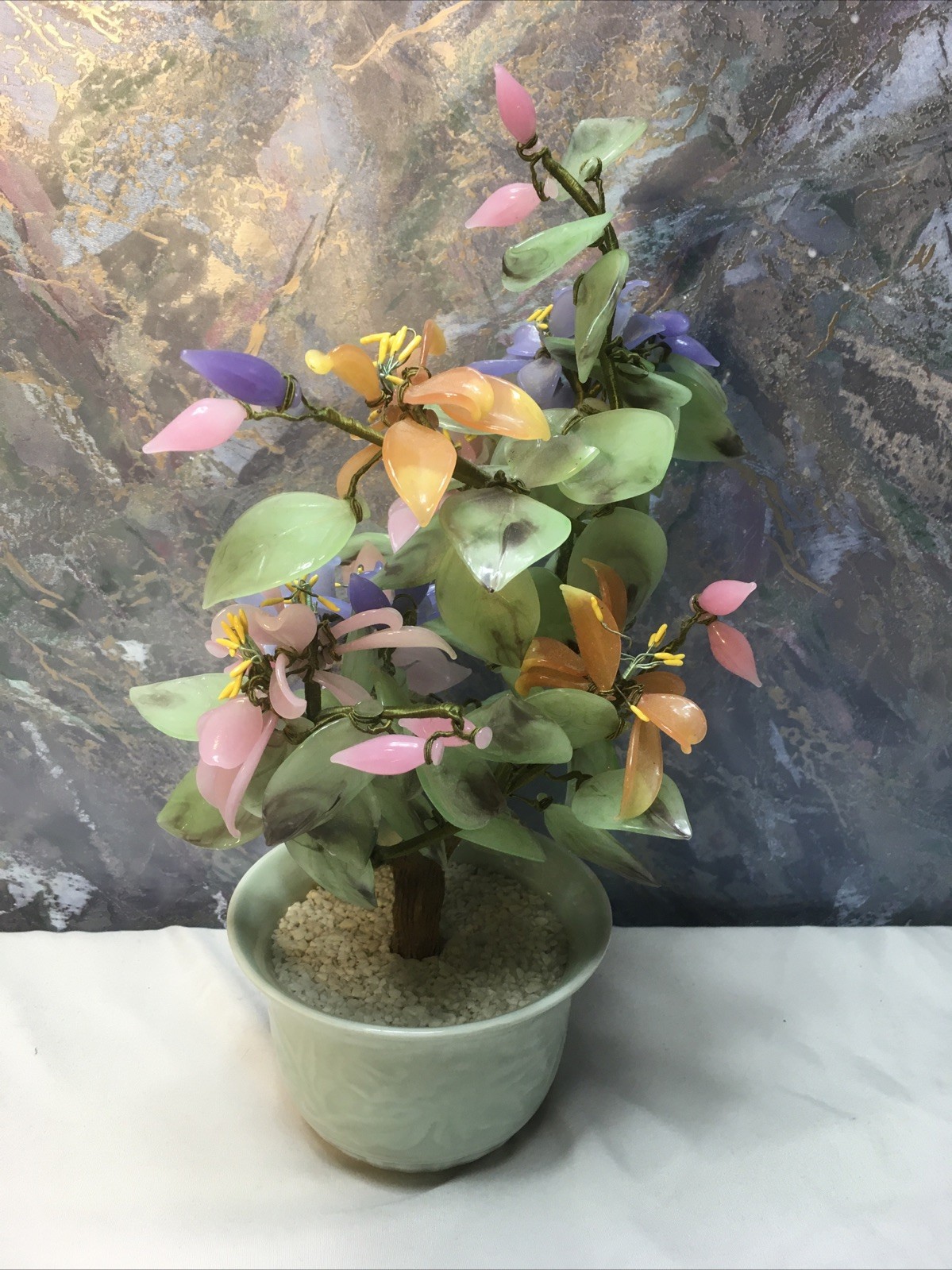 Oriental Bonsai Jade Color Art Glass Flowers Tree Celadon Porcelain Pot 12″-READ
