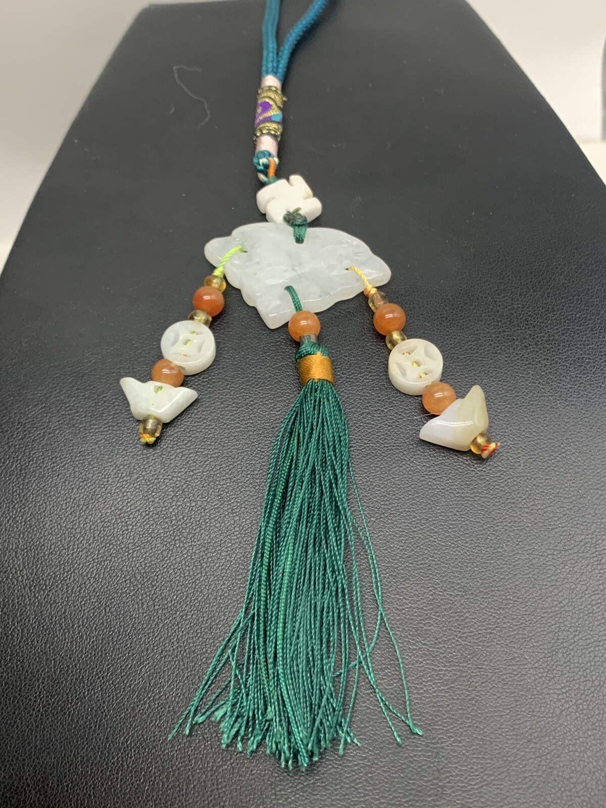 Vintage Chinese Natural Jade And Carnelian Beaded Lucky Charm Tassel Pendant M2