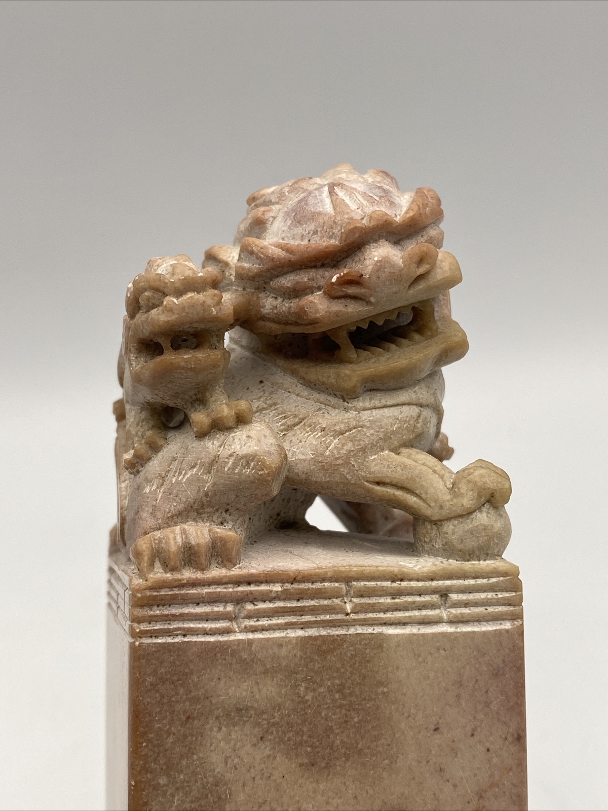 Vintage Carved Chinese Soapstone Seal Foo Dog Lion 1.5”sq x 4.5” Tall