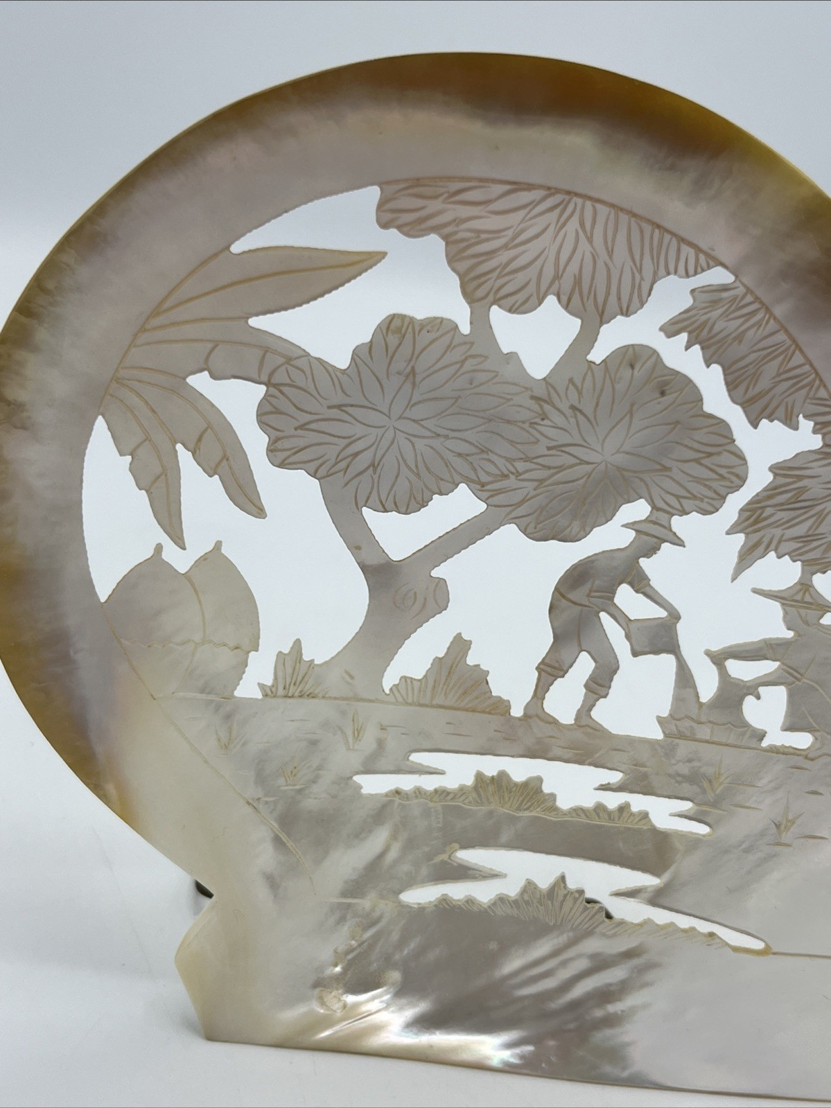 Carved Mother of Pearl Shell Asian Scene with Stand 6″ Tall