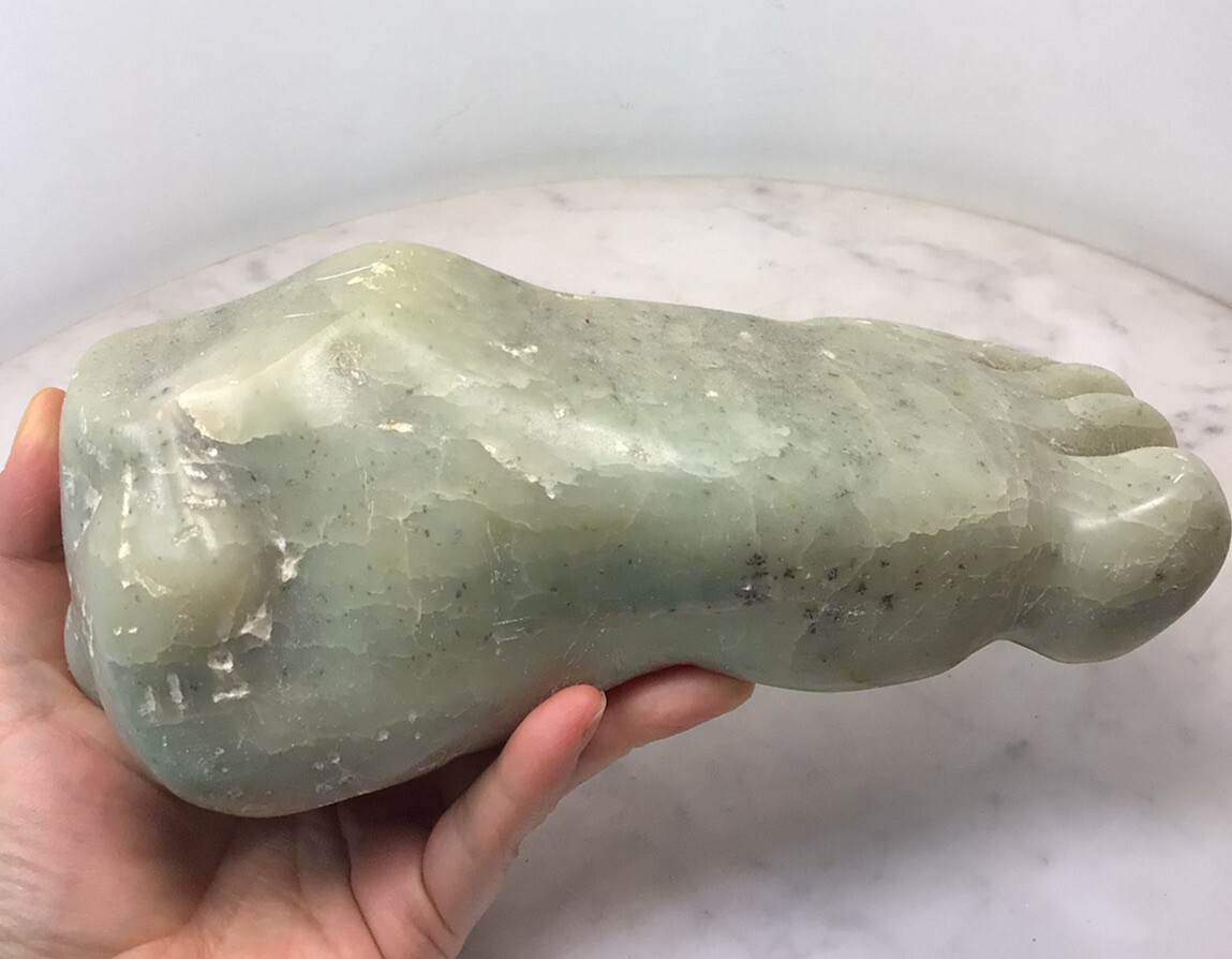 Vintage Heavy Green Stone Jade? Foot Sculpture Paperweight 8” long Rare