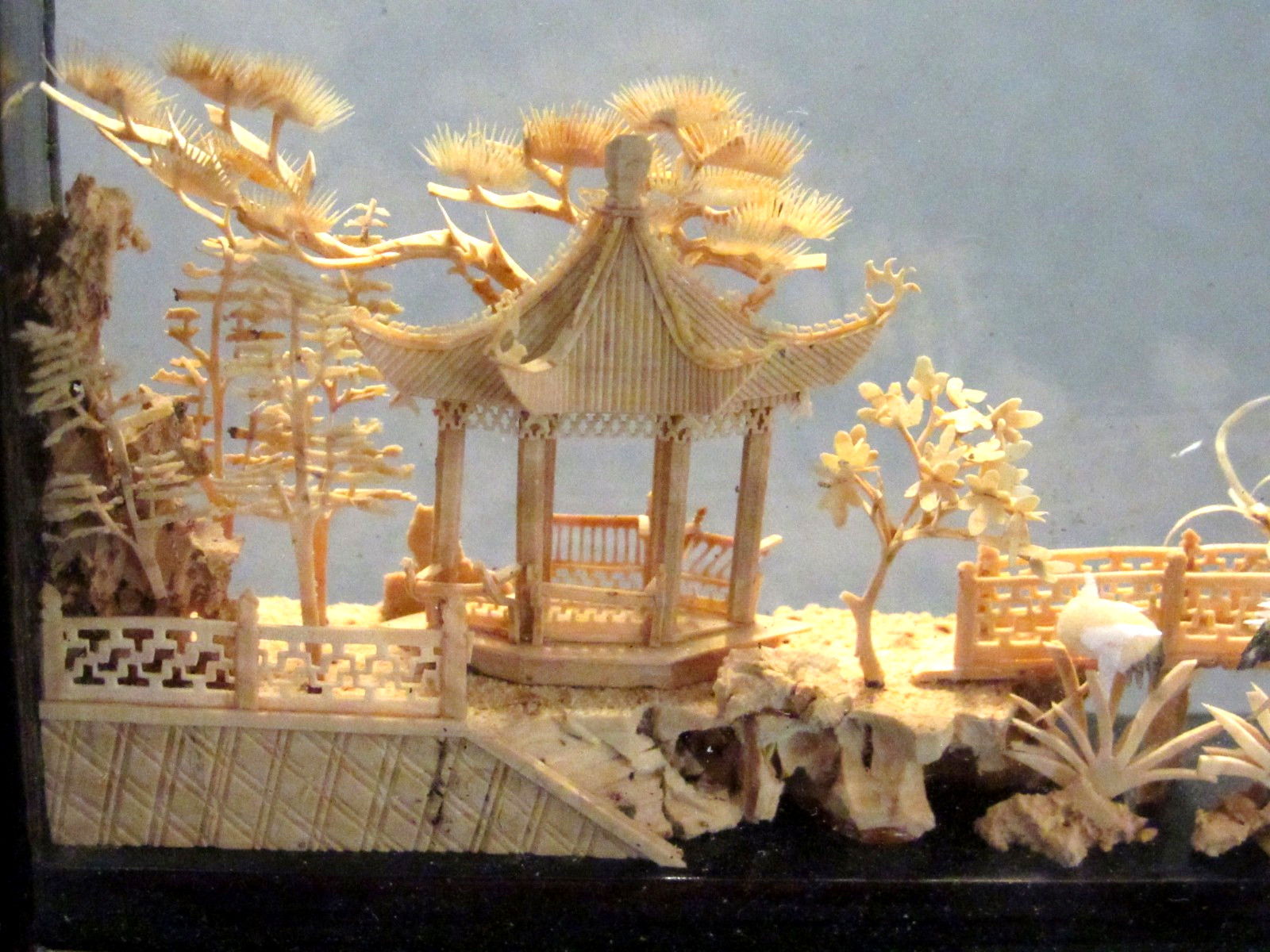 VTG Chinese San You Cork Art Hand Carved Diorama with Pagoda, Cranes, Trees LP-4