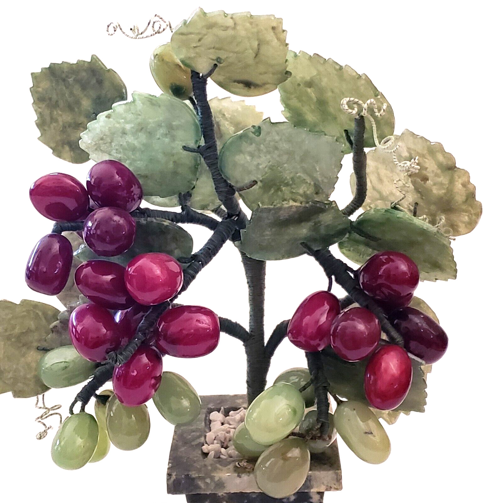 Jade Bonsai Grape Vine Tree Studio Art Carved Stone in Marble Planter 9″ Vintage