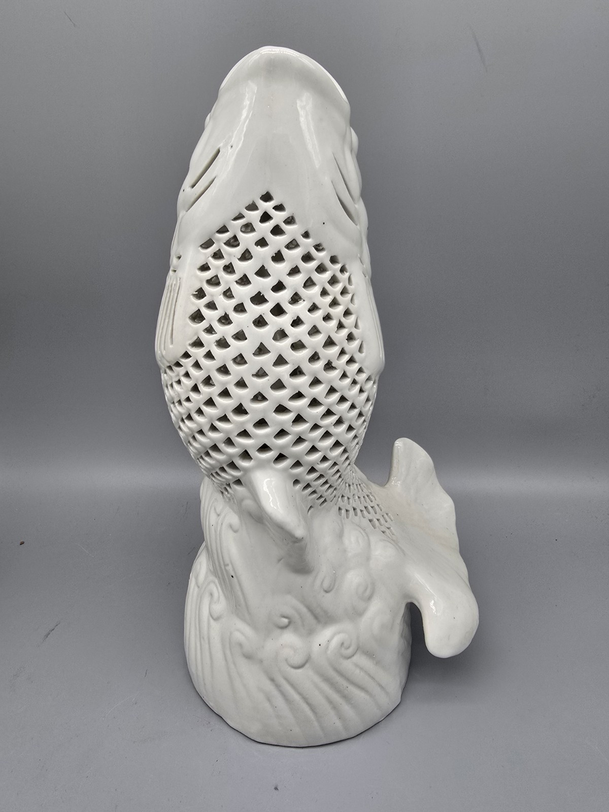 Vintage Blanc De Chine Koi Fish Votive Lamp Base Sculpture 10 1/2″