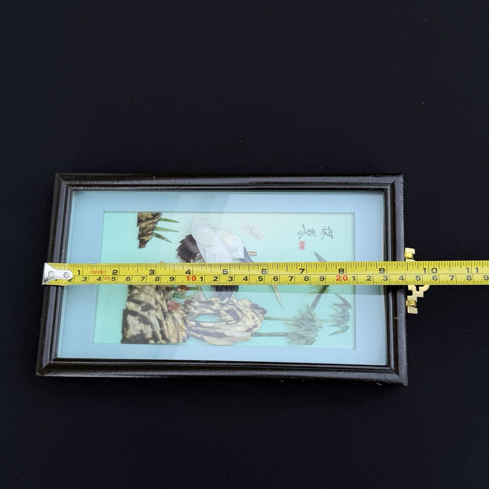 Vintage Asian 3D Shadowbox Wall Hanging Red-Crowned Cranes Shell Nature 9.5×5.5”