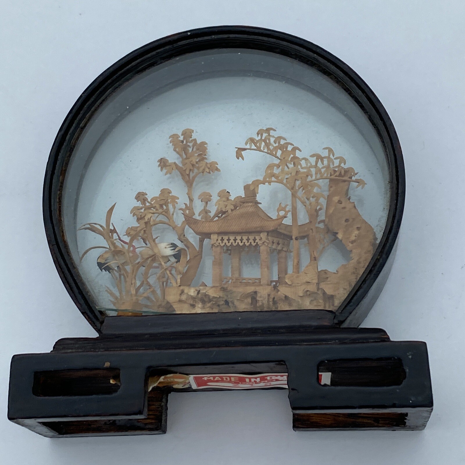 Asian Chinese “San You” Carved Cork Art Diorama Temple Cranes Trees Wood Glass