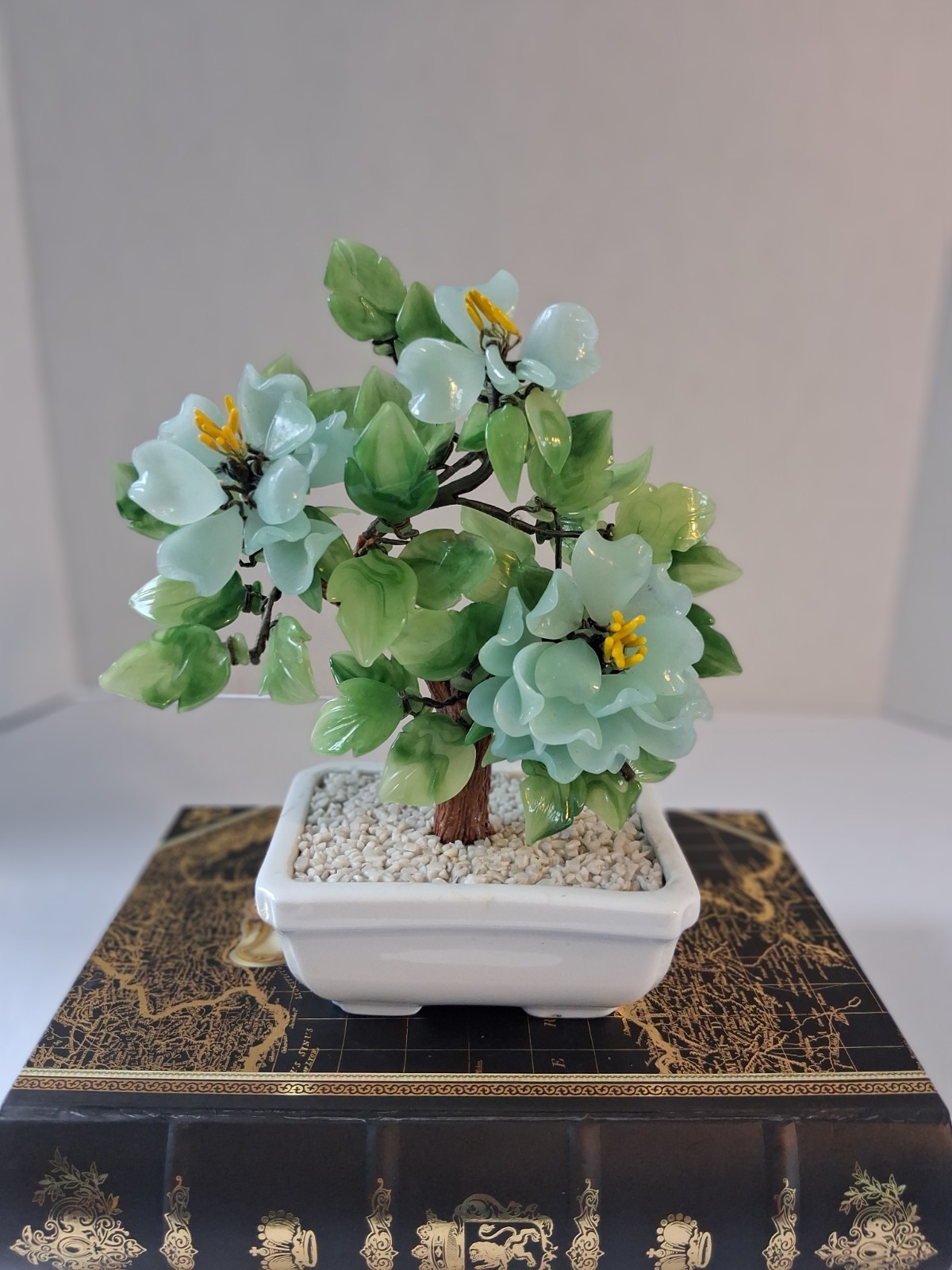 Vtg 1980’s Aqua Blue Peking Glass Blossomed & Jade-Stone Leaf Bonsai Tree; EUC!