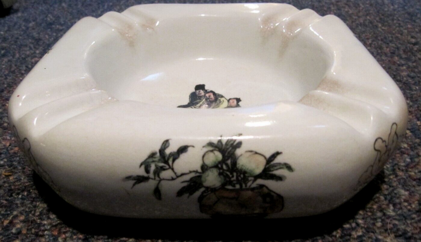 VINTAGE ASHTRAY RARE ASIAN CHINESE LARGE HEAVY POTERY MEN & WOMAN w/FLOWERS