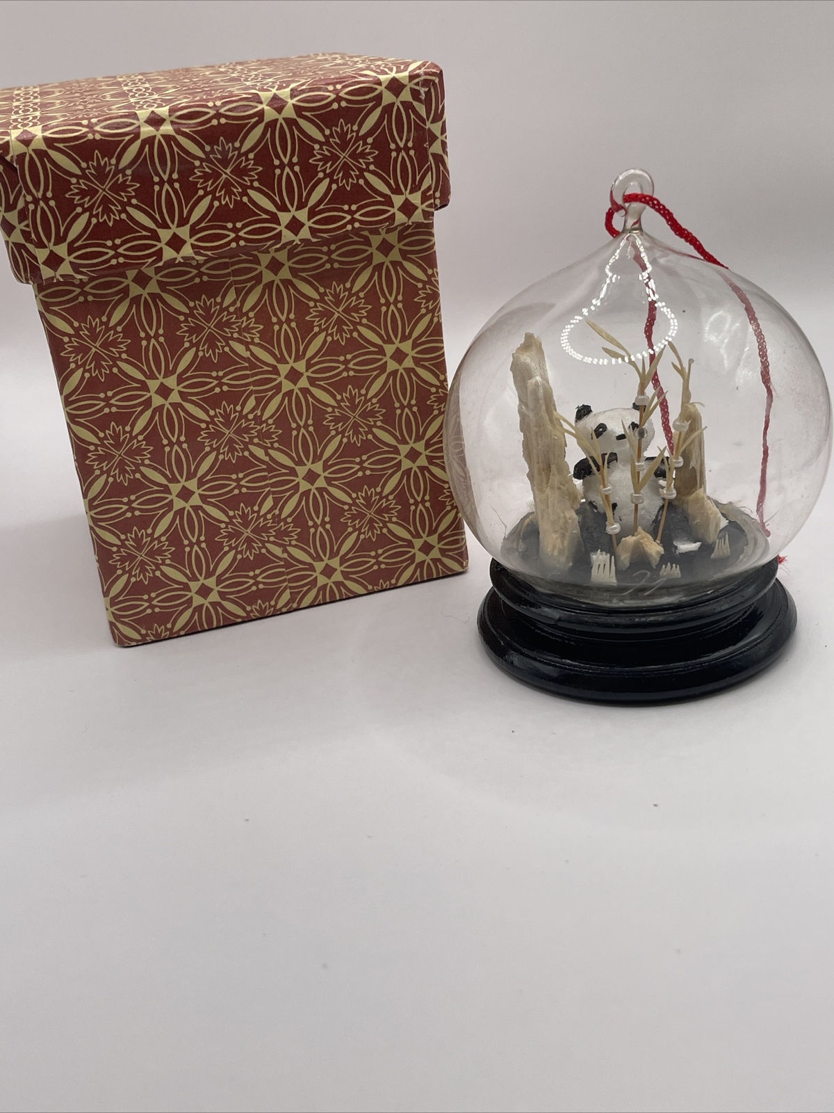 NOS Panda Bear Diorama Asian Cork Sculpture Ornament Hanging Vintage w/ Box AL3