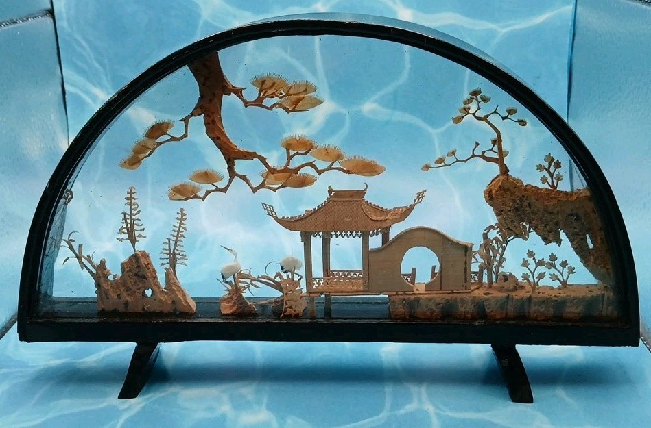 VTG Chinese Diorama Cork Carving Pagoda Trees Birds 10in x 6in Wood Glass Case