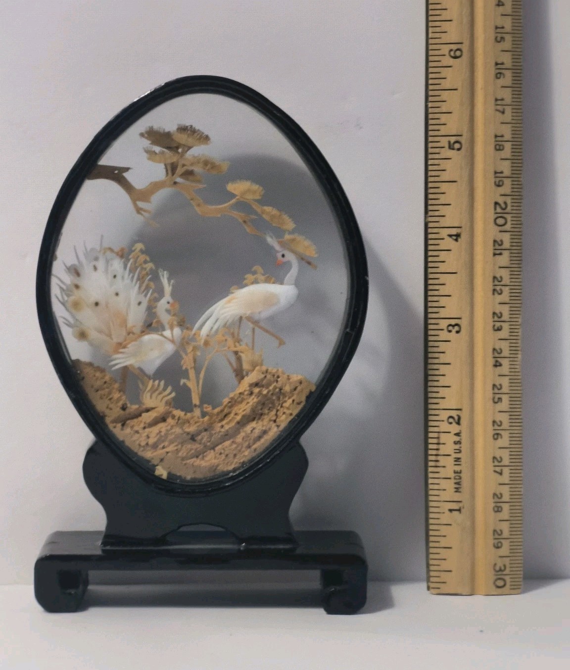 Vintage Asian Cork Carving Diorama Shadow Box Black Lacquer Peacocks Birds 5.5″