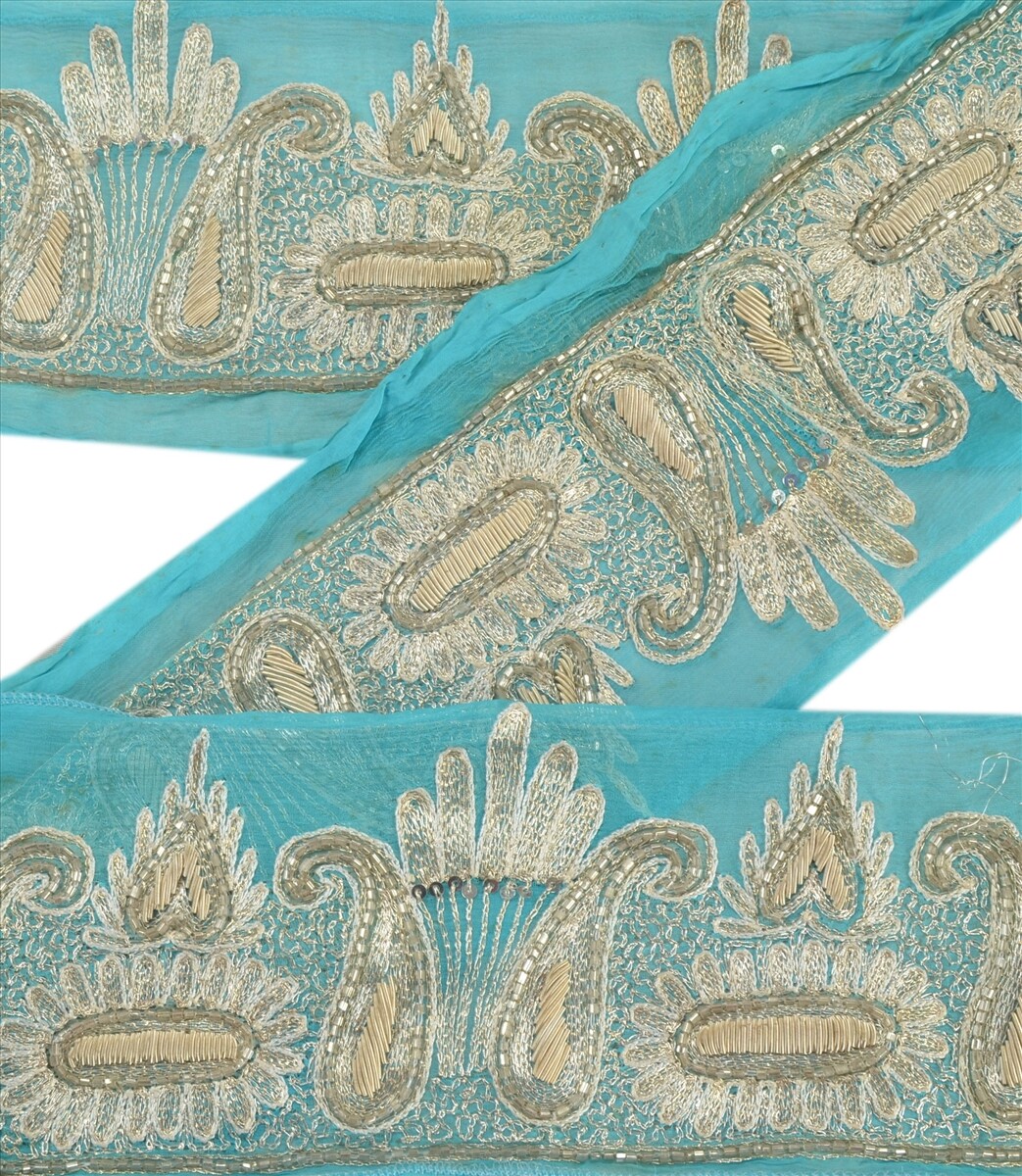 Sanskriti Vintage Saree Border Trim Hand Beaded 1 Yard Trim Craft Decor Sky Blue