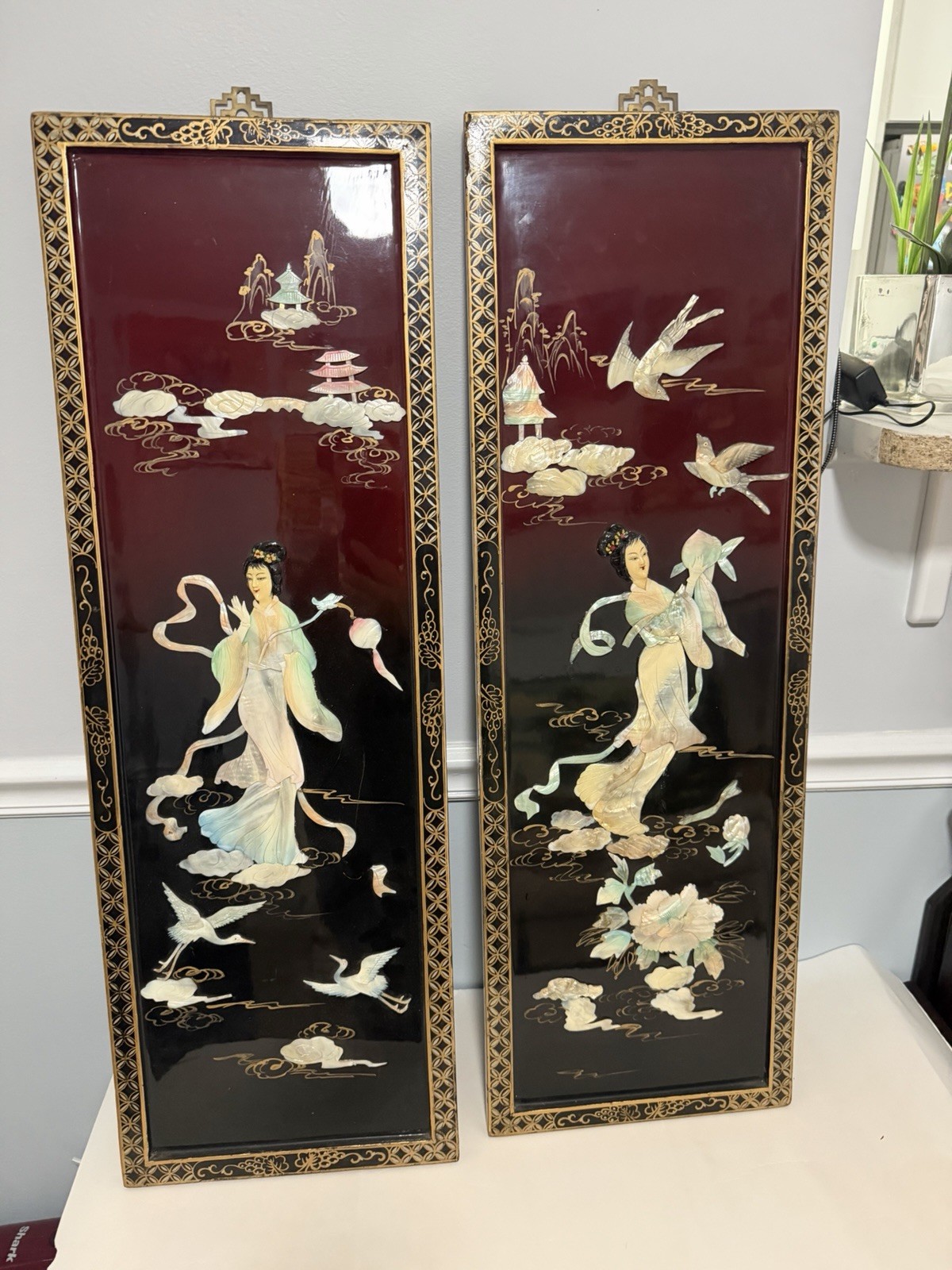 Pair Chinese Lacquer Mother of Pearl Wall Panels 12×36 Asian Art Decor