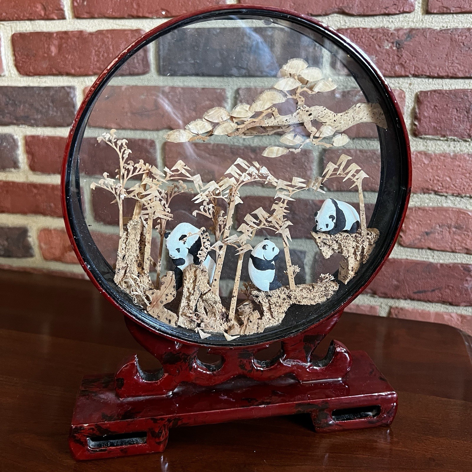 Vintage Carved Corkwood Diorama Pandas Chinese 12”x9.5” Frame Stand Panda Bears