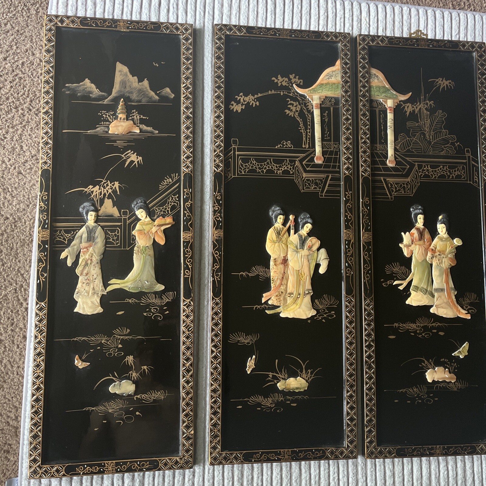 4 Asian/Oriental Hanging Wall Panels Mother Of Pearl Black Lacquer 36”X12” (READ
