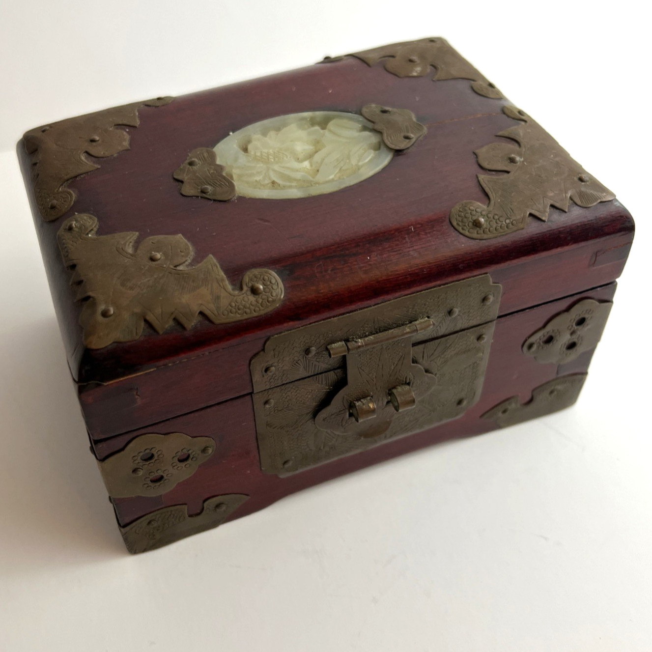 Rare Vintage Chinese Mahogany Jewel Box Chased Brass Accent Lock Jade Medallion