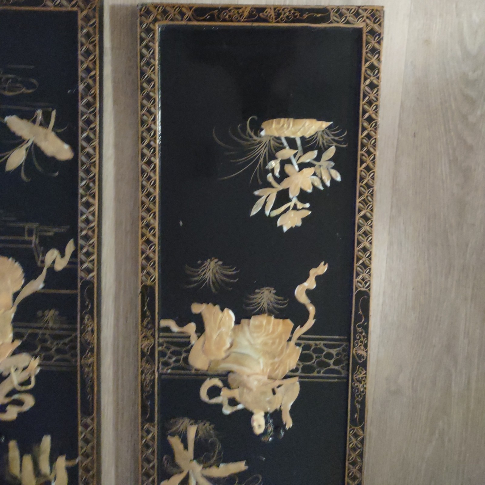 👸🏼💰4 Vintage Black Lacquer Chinese Vietnamese Wall Art Jade