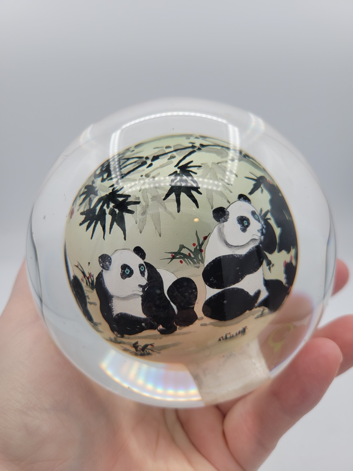 Chinese Art Glass Ball Sphere Paperweight Reverse Hand Painted Pandas NO Base
