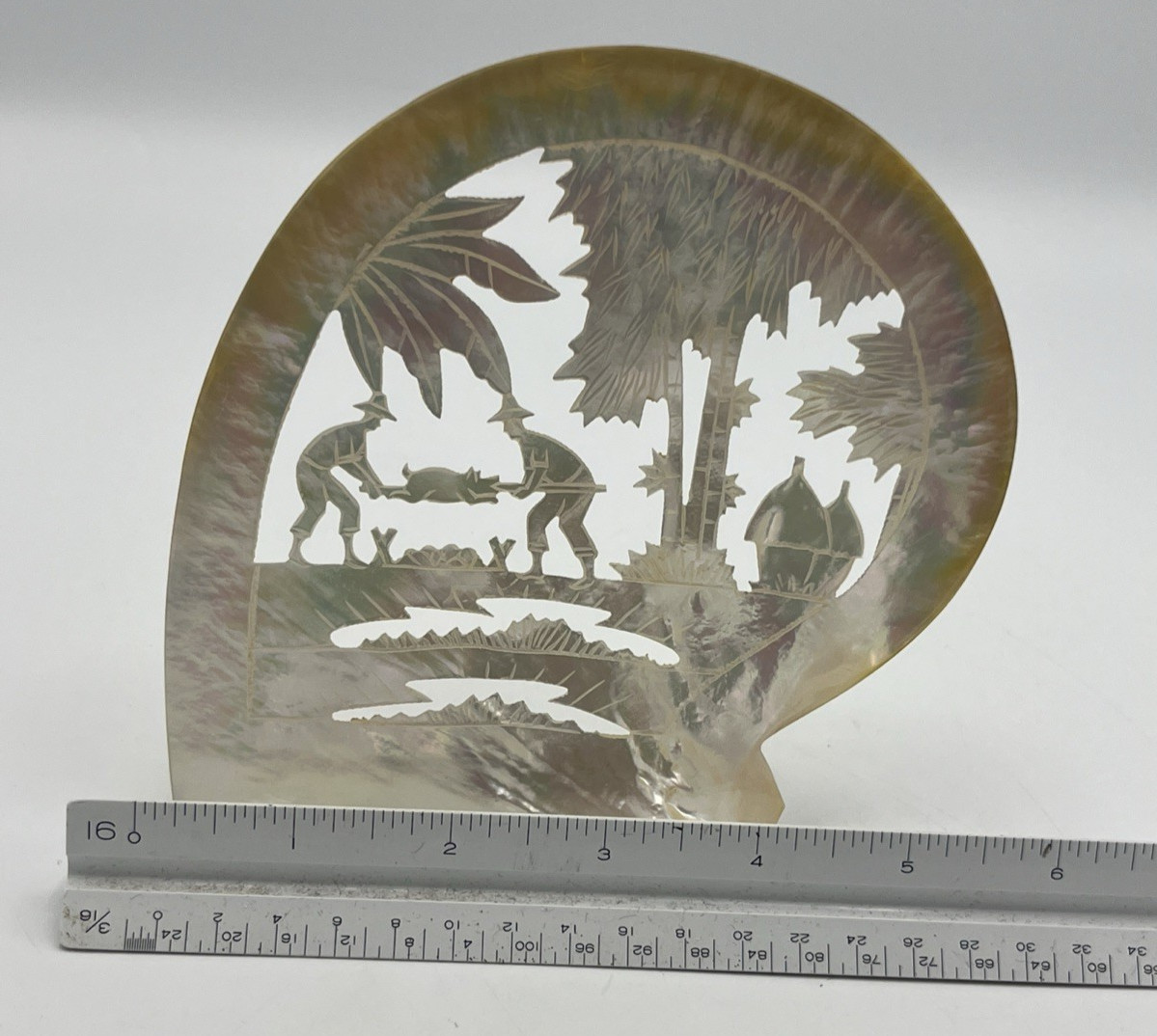 Carved Mother of Pearl Shell Asian Scene with Stand 6″ Tall