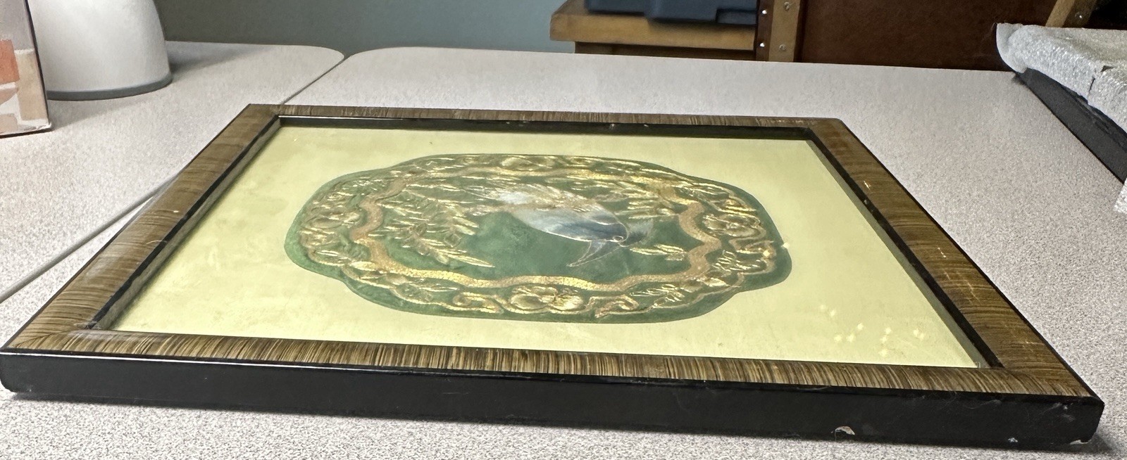 Vintage Framed Chinese Embroidered Silk Crane 7”x7” Panel 11”x11” Frame See Desc