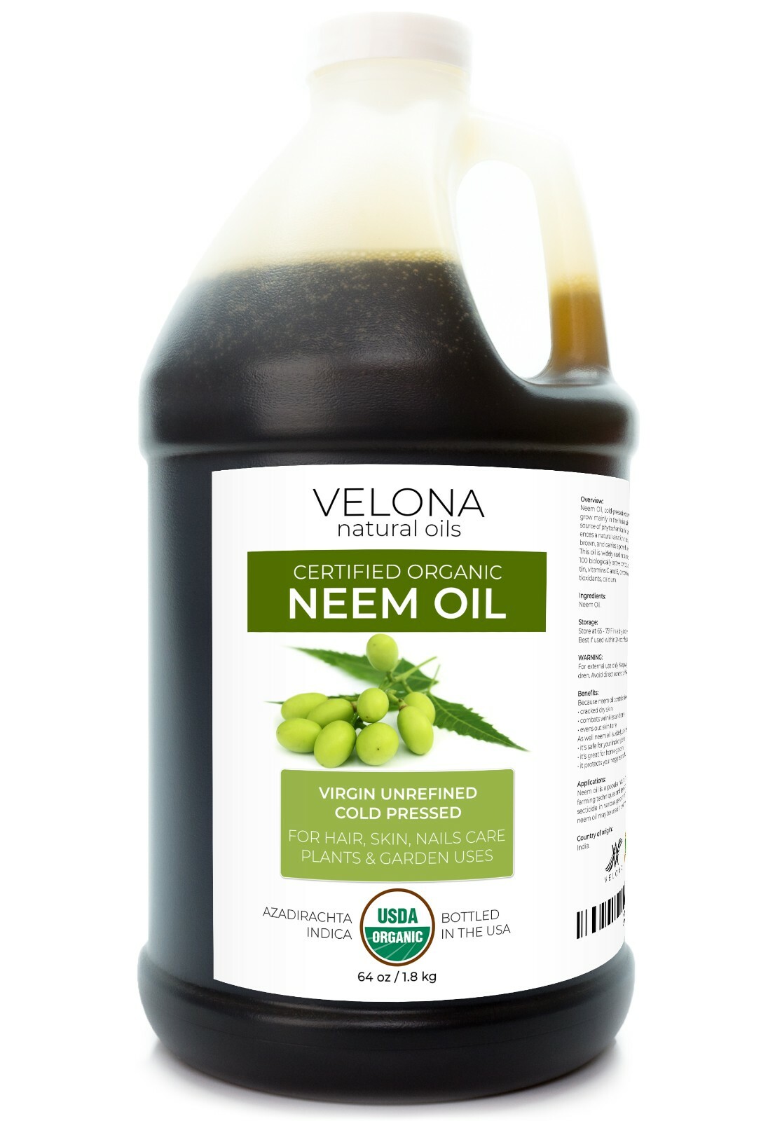 Velona Neem Oil USDA Certified Organic – 64 oz Virgin, Unrefined, Cold Pressed