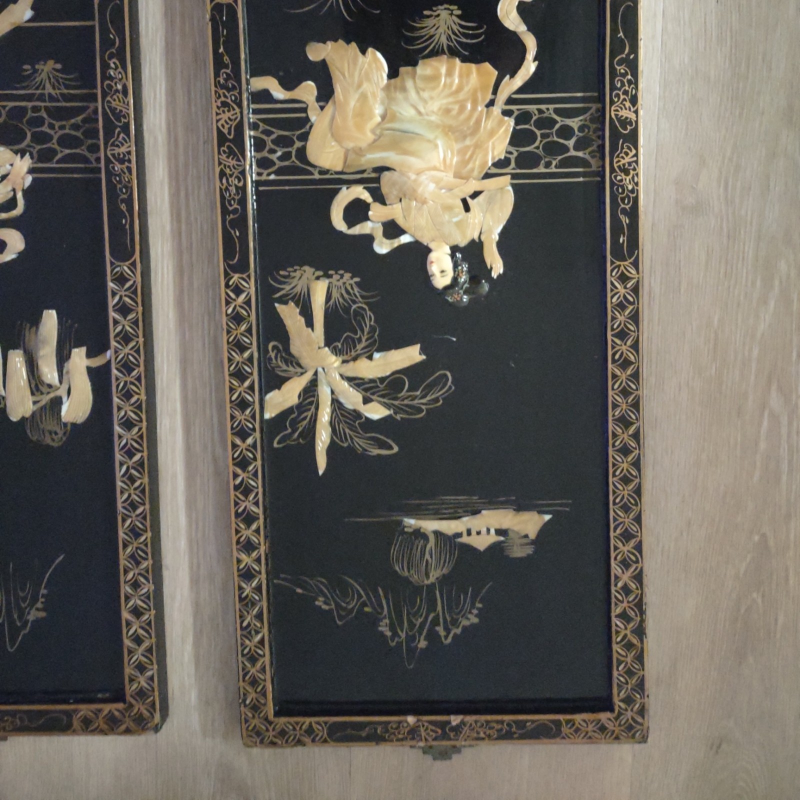 👸🏼💰4 Vintage Black Lacquer Chinese Vietnamese Wall Art Jade
