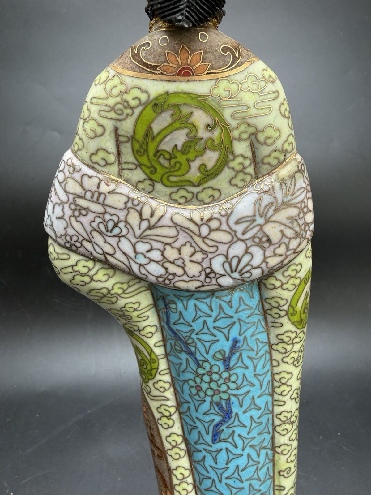 Gorgeous VTG Traditional Cloisonne Lady Figure Brass Enamel On Wood Base 13.5”