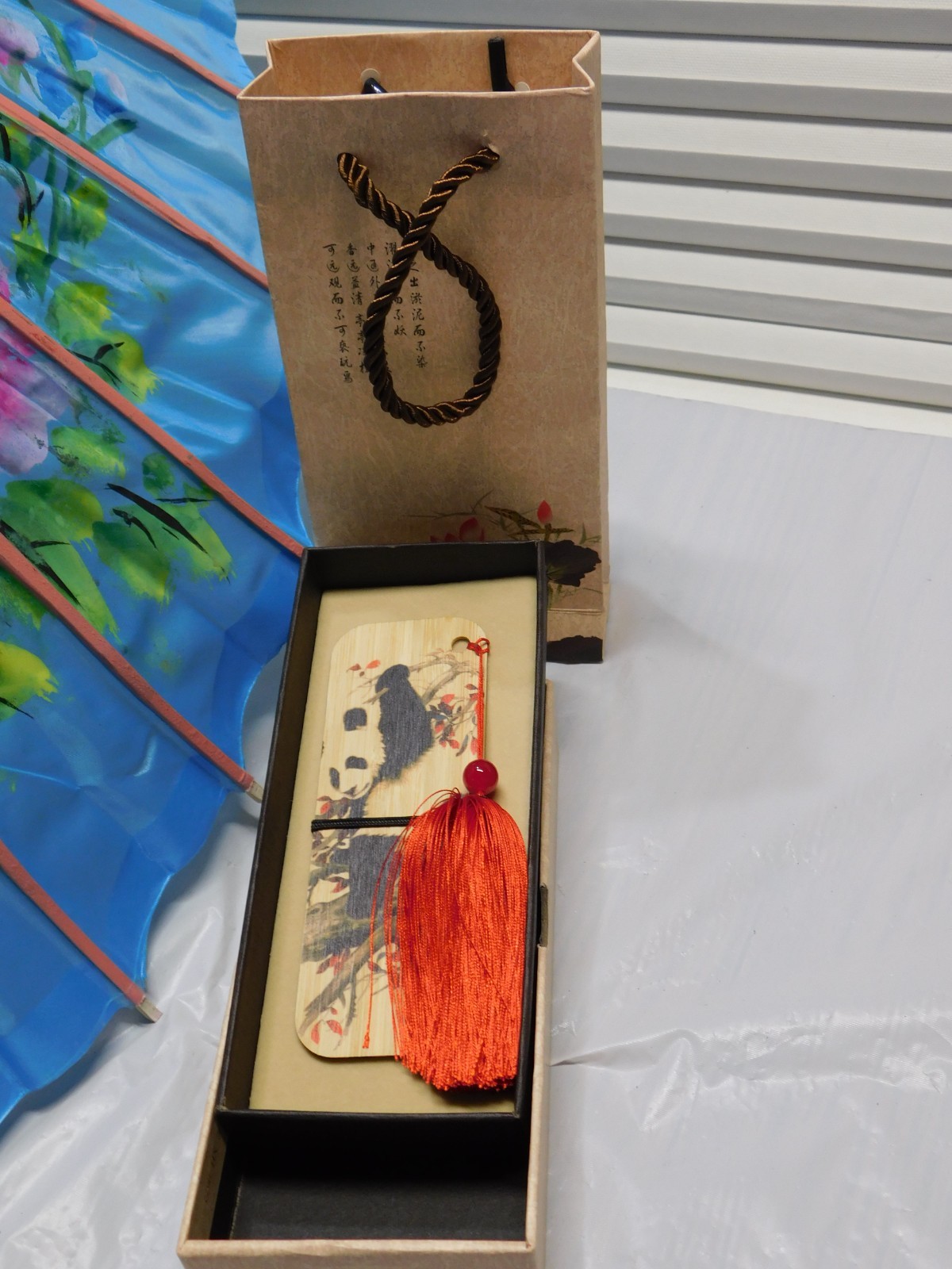 CHINESE COLLECTIBLE WOODEN PANDA BEAR AND SILK TASSEL BOOKMARK
