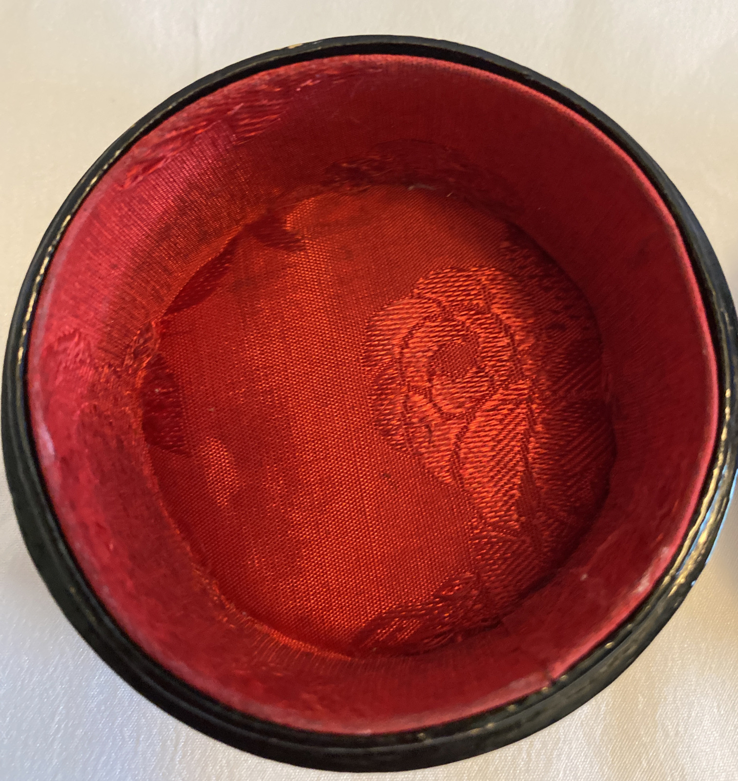 Vintage Wooden Trinket Box with Carved Cork Inlay in the Lid Lined with Red Silk