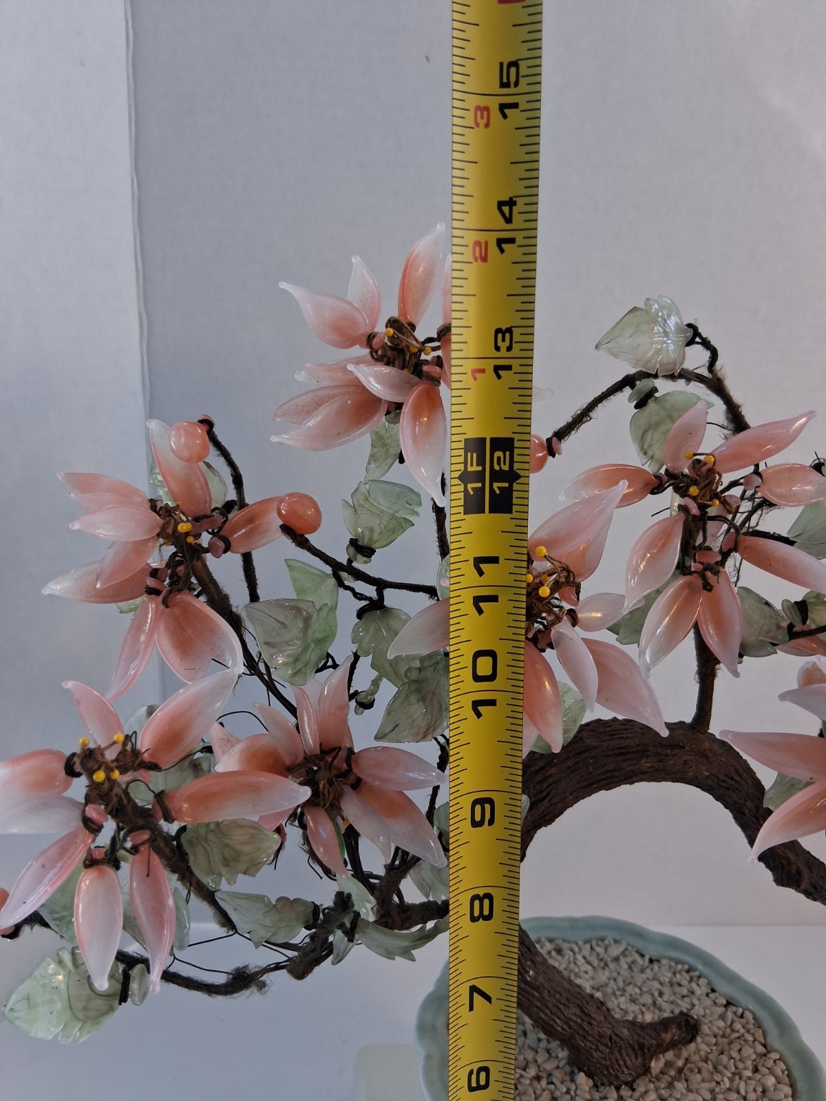 Vtg! XL Asian Bonsai Jade Glass & Coral Color Quartz Flowering Tree;14.5″x 13.0″