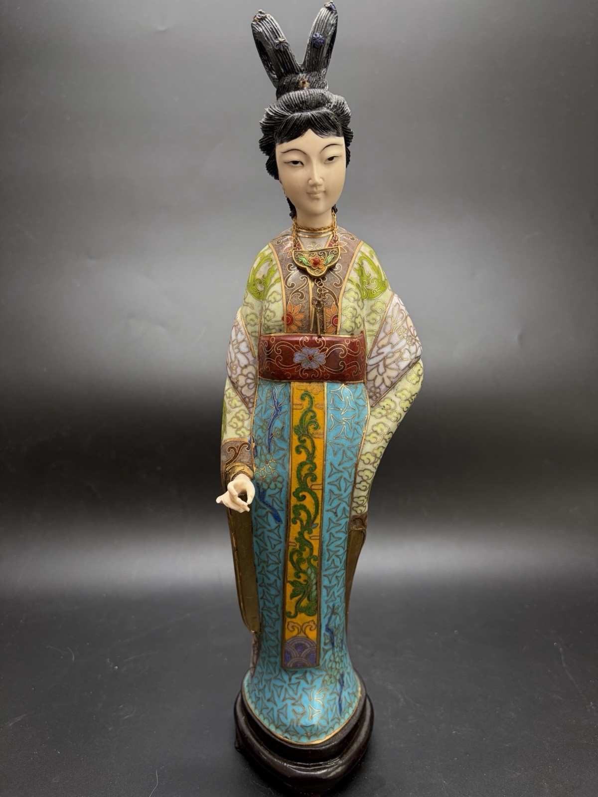 Gorgeous VTG Traditional Cloisonne Lady Figure Brass Enamel On Wood Base 13.5”