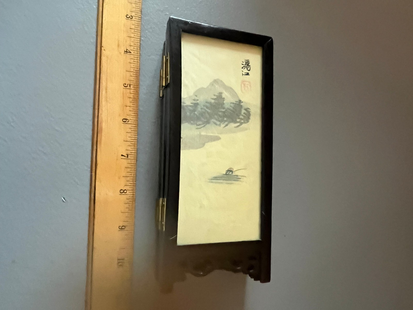 Vintage mini table top chinese 2 sided hand painted screens pannel wood/glass