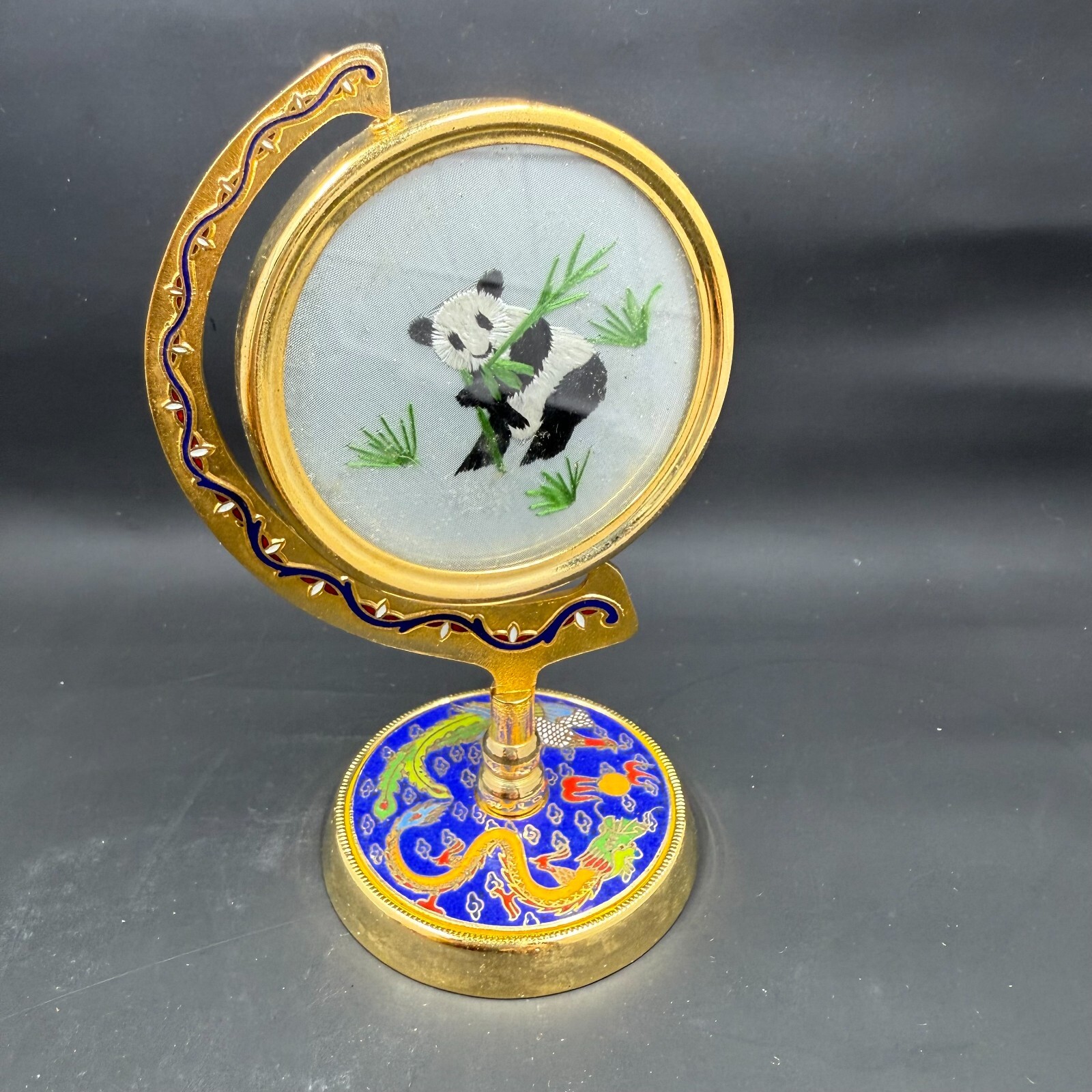 Vintage Suzhou Chinese Silk Embroidered Panda Cloisonné Enamel Metal Stand