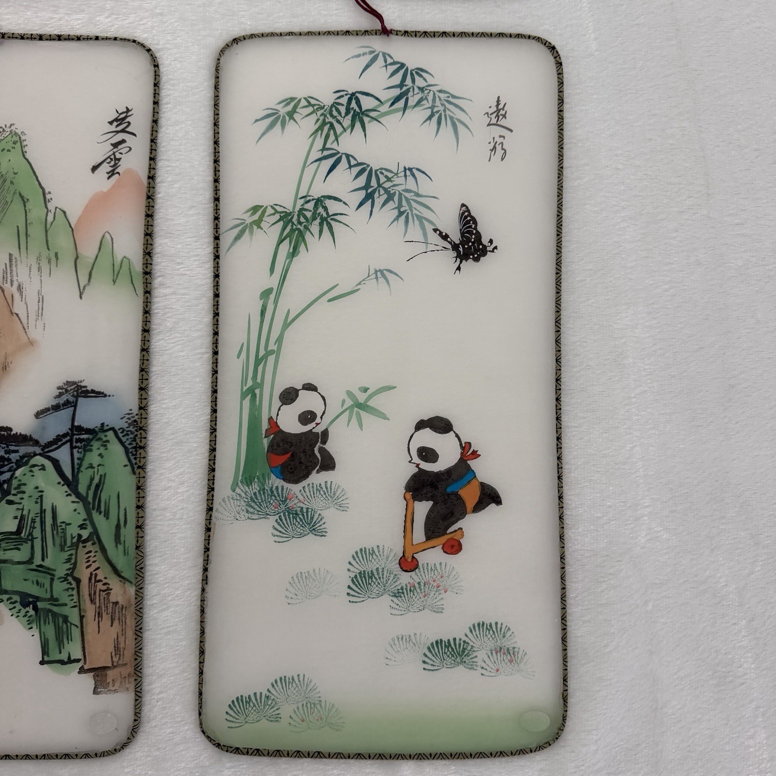 Vintage Chinese Painted Silk Panels Wire Frame Butterfly Koi Flowers Pandas Lady