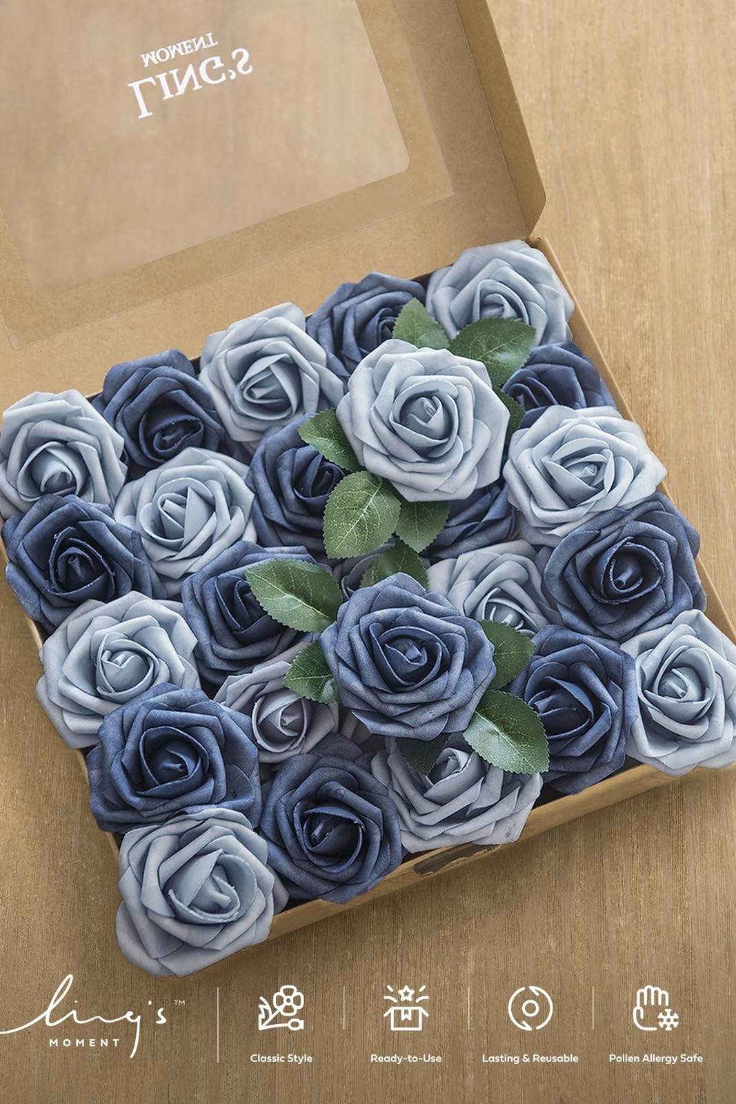 Ling’s moment Artificial Flowers 50Pcs Dusty Blue & Navy Roses Decor w/Stems,…
