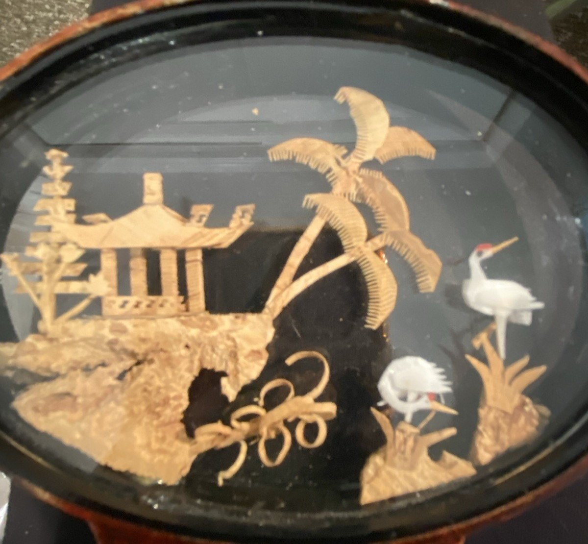 VINTAGE CHINESE DIORAMA CORK CARVING GLASS CASE PAGODA TREES & CRANES.