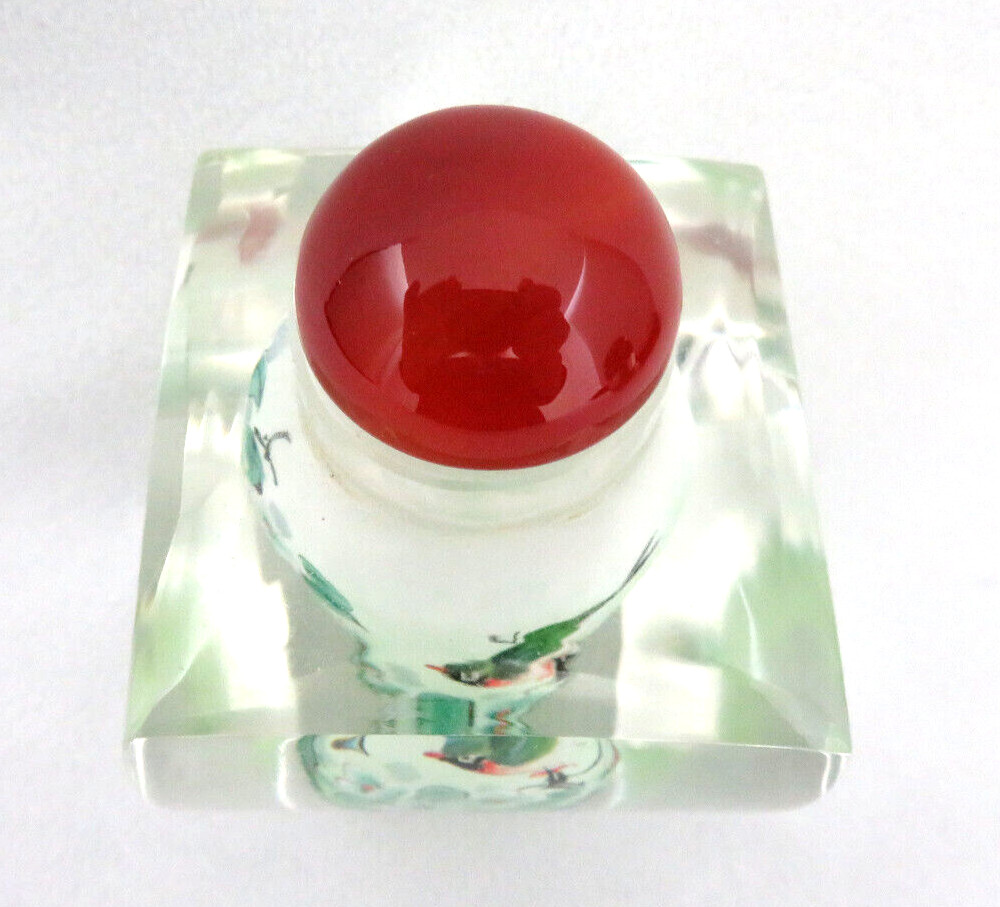 Signed Vintage Chinese Snuff Bottle Reverse Hand Painted Glass w Agate Top BIRDS
