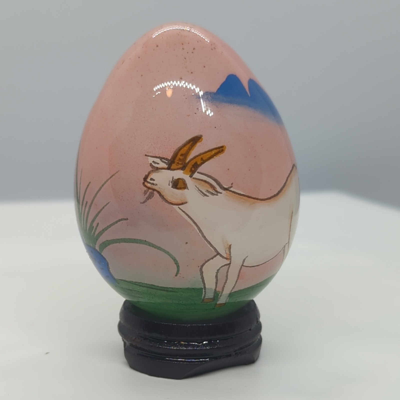 Chinese Reverse Hand-painted Art Glass Egg Depicting White Goat w/Stand 3.25″H